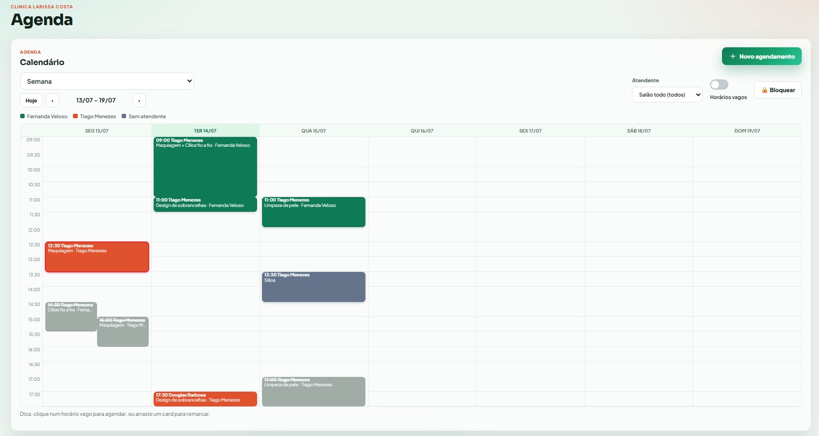 Agenda semanal do sistema, com os atendimentos coloridos por profissional