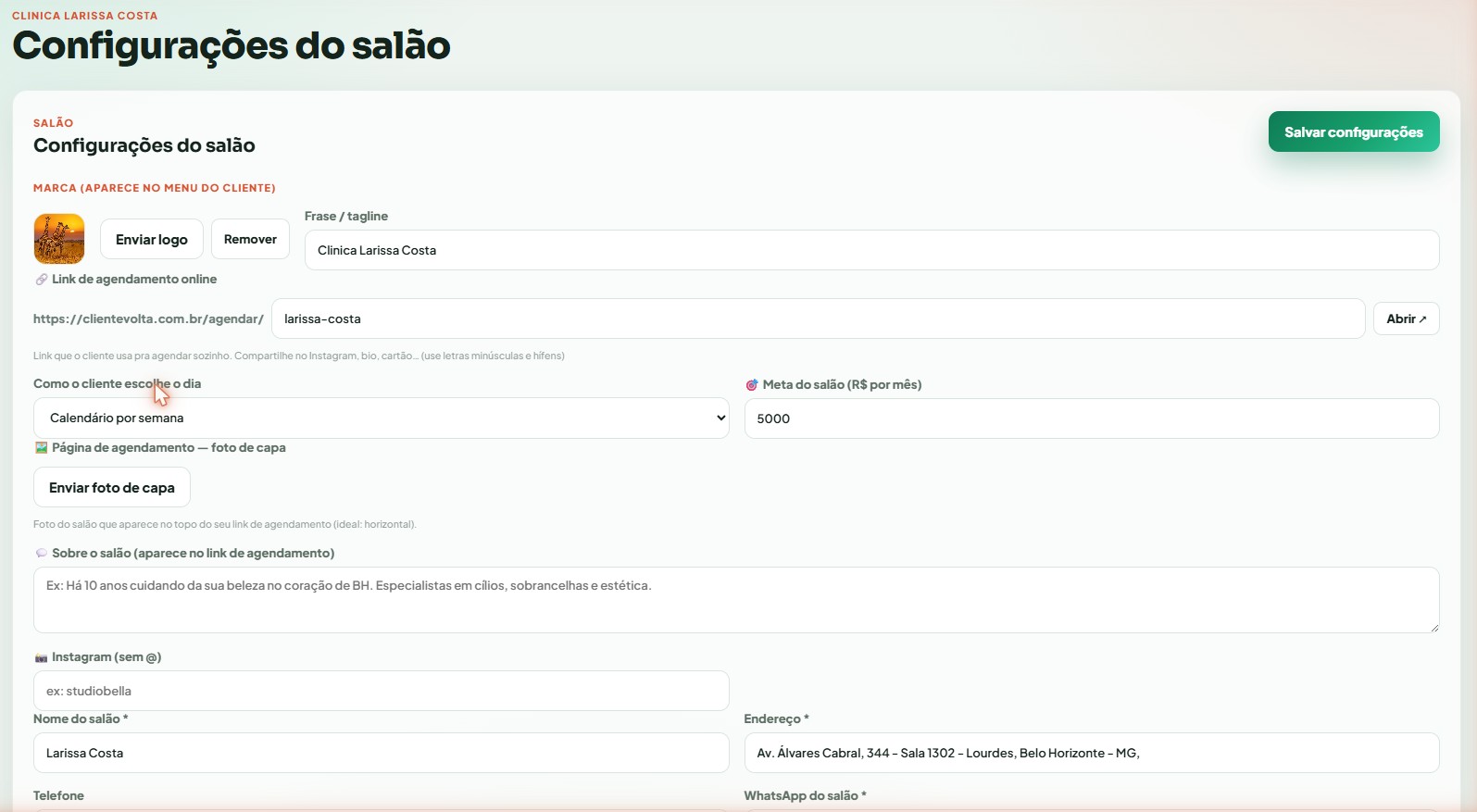 Configurações do salão: marca, link de agendamento, sobre, horários e dados