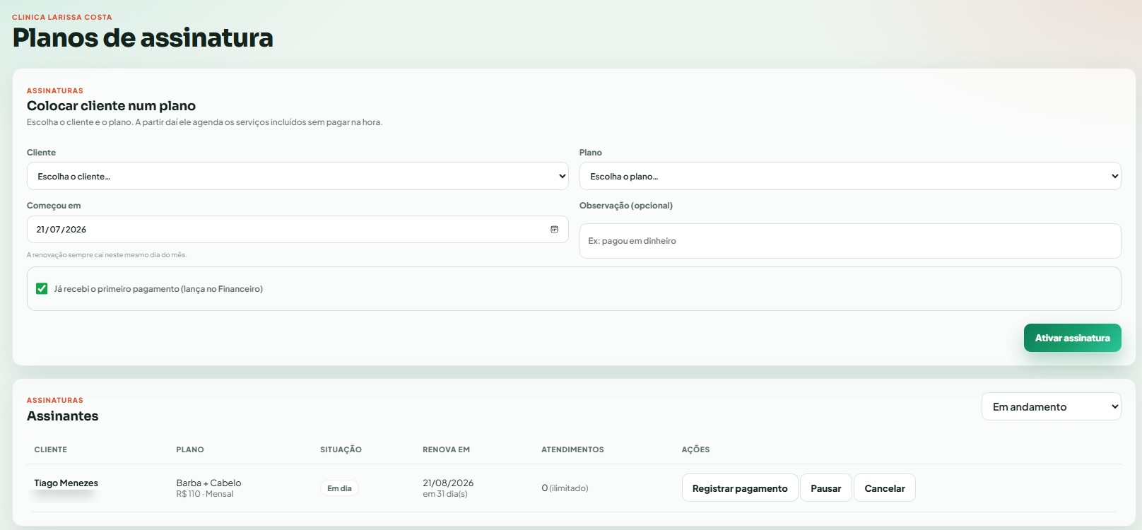 Tela de Assinaturas: formulário para colocar cliente num plano e a lista de assinantes