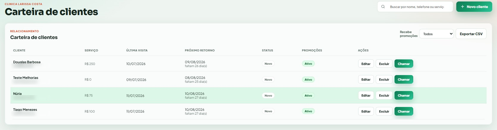 Tabela da carteira de clientes com serviço, última visita, próximo retorno, status e ações