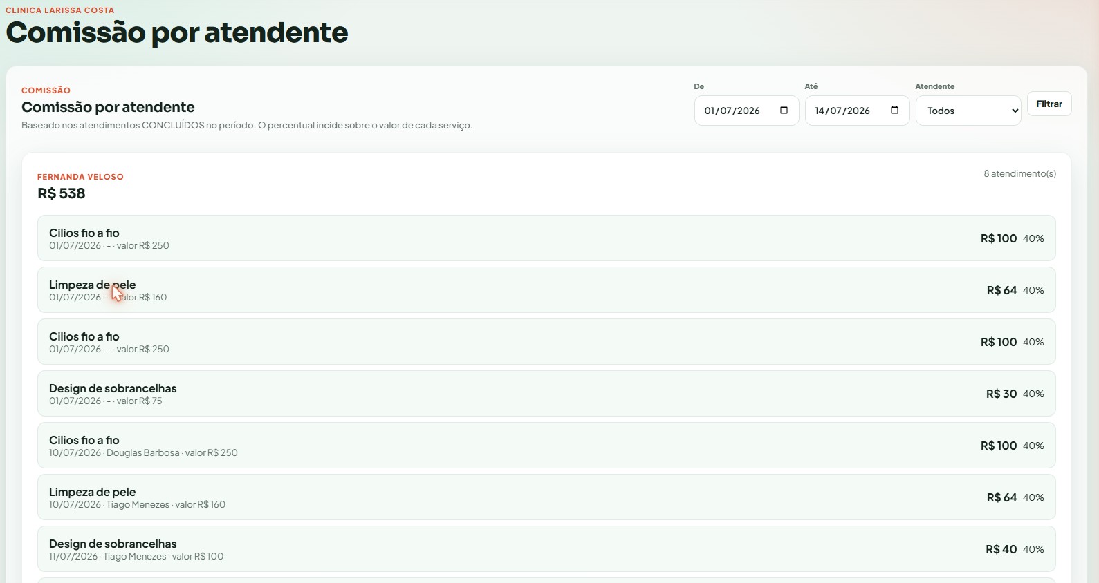 Comissão por atendente com lista de atendimentos e valor total a pagar