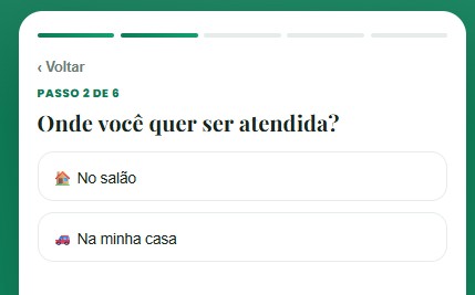 Passo do link perguntando se a cliente quer ser atendida no salão ou em casa
