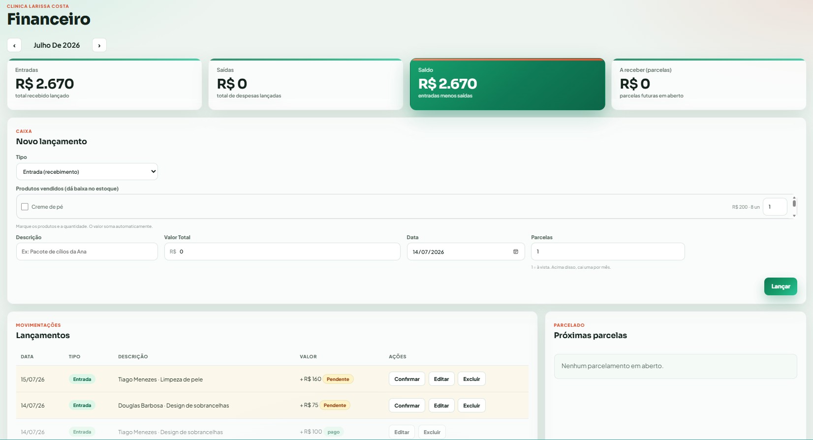 Tela do Financeiro com entradas, saídas, saldo e lançamentos