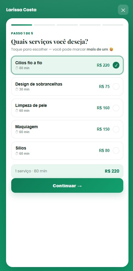 Link de agendamento: o cliente escolhendo os serviços, passo 1 de 5