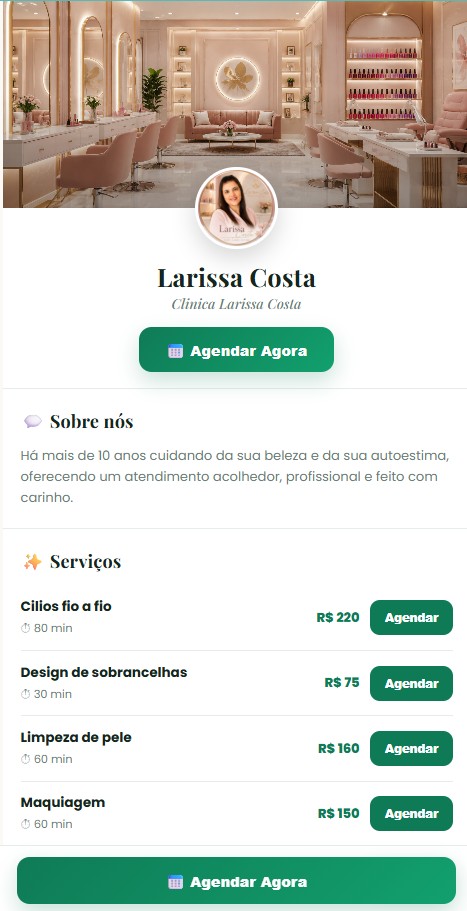 Link de agendamento: o mini-site do salão com foto de capa, logo, sobre e serviços