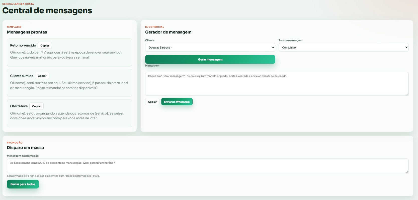 Central de mensagens com templates prontos, gerador de mensagem e disparo em massa