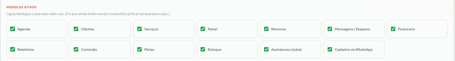 Bloco Módulos ativos em Ajustes, com um quadradinho para cada item do menu